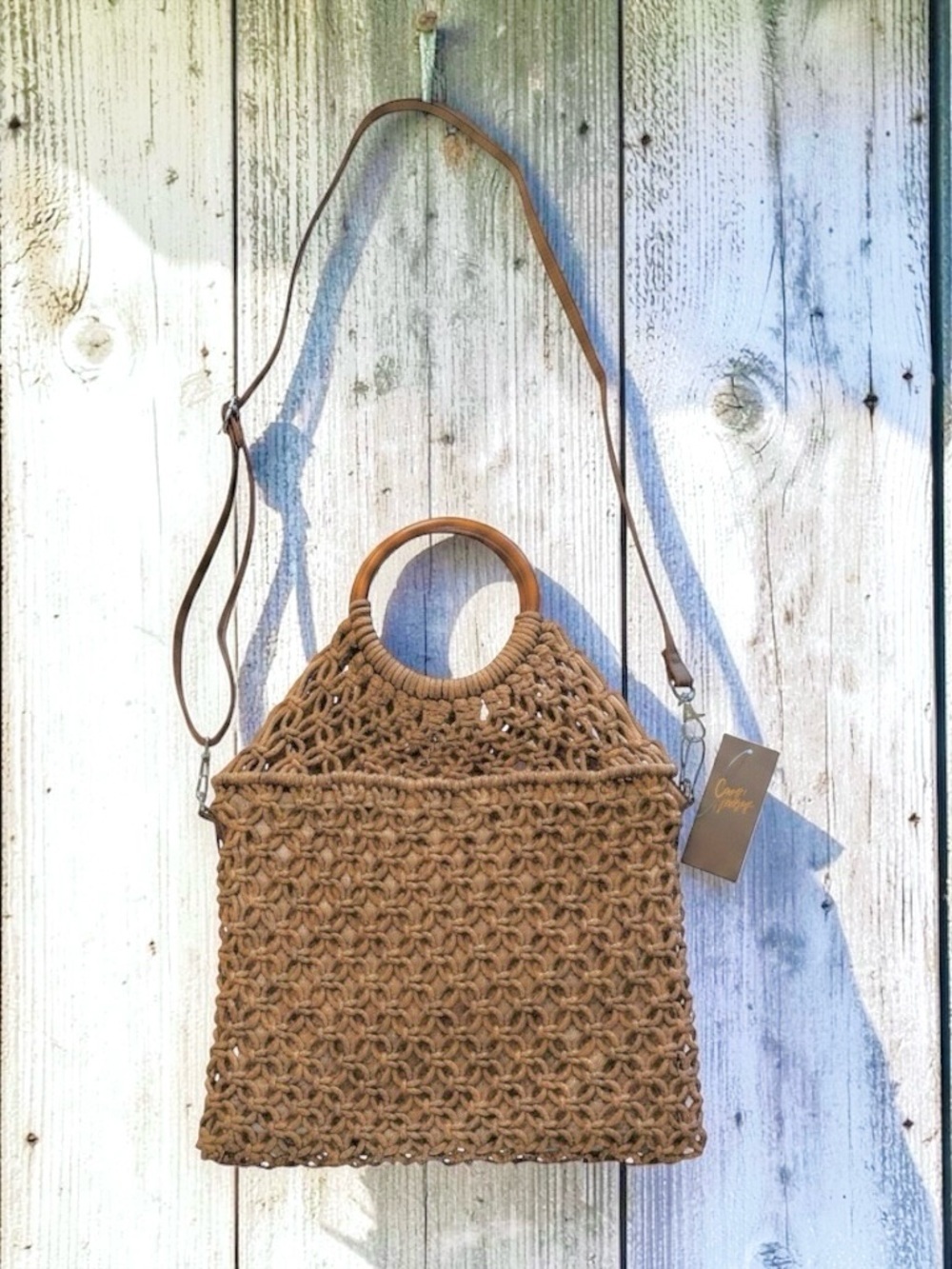 Crown Vintage Boho Macrame Tote Bag Wood Handles Crossbody Beach Resort NWT - Picture 2 of 12